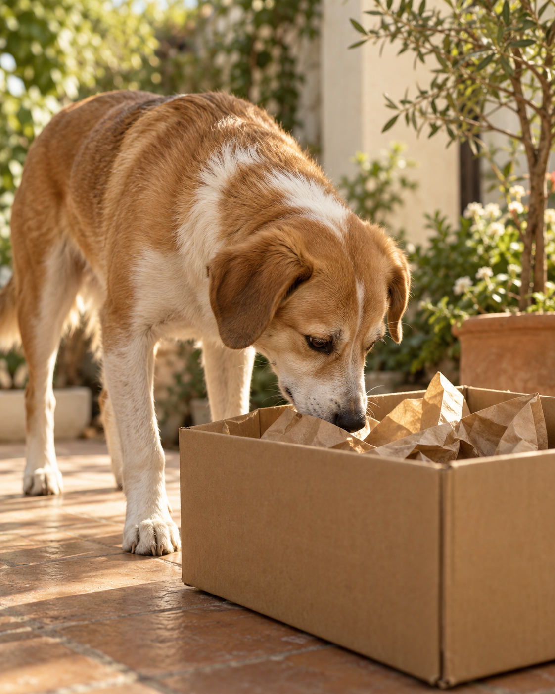 Un perro explora con calma una caja de cartón en un patio luminoso.