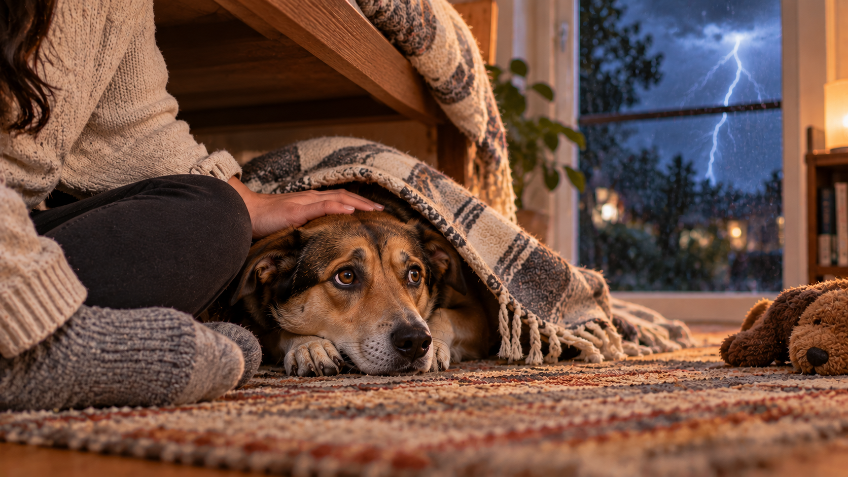 Un perro refugiado bajo una manta junto a una persona, con una tormenta visible por la ventana.