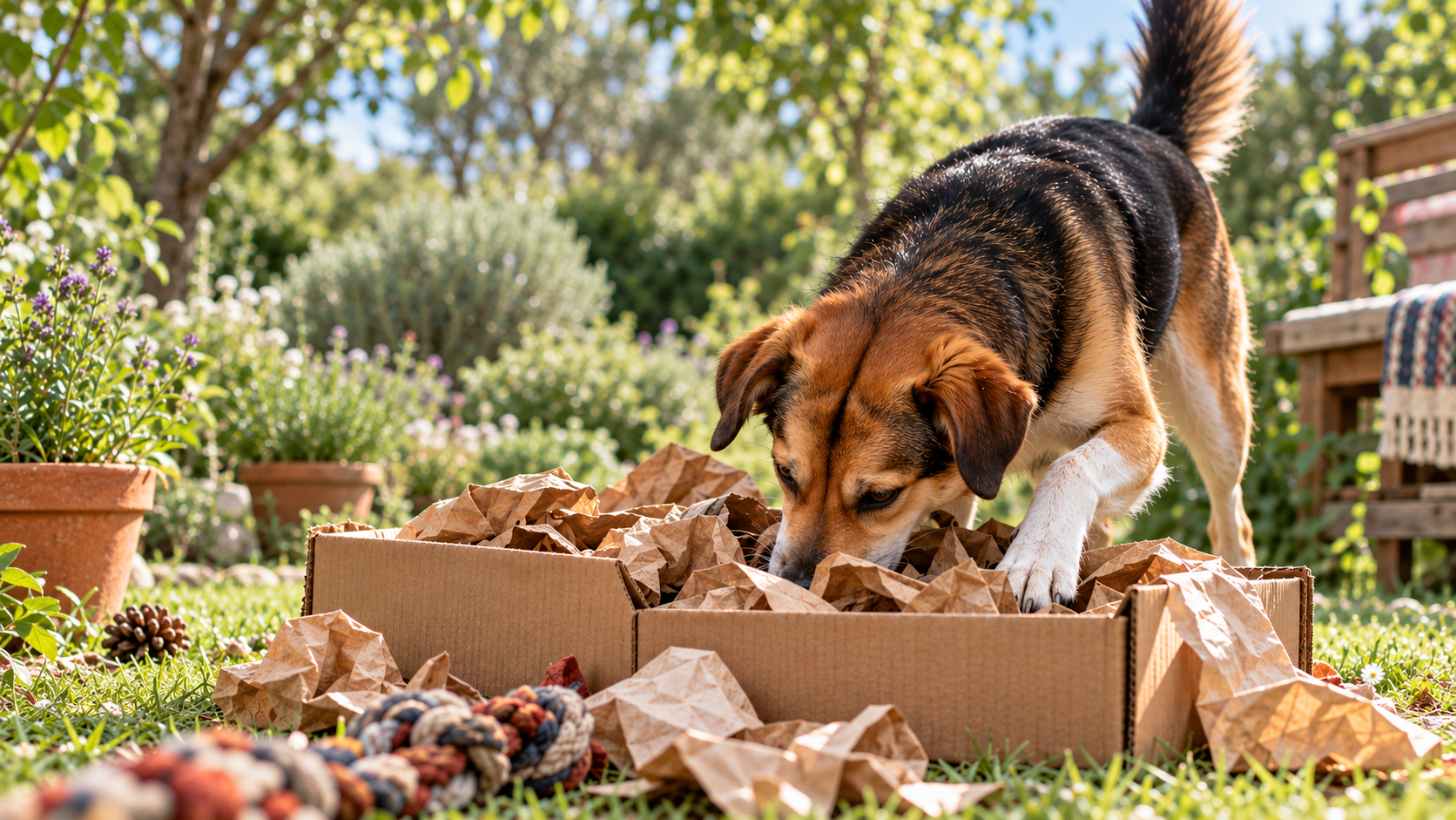 Un perro olfatea papeles dentro de una caja de cartón en un jardín.