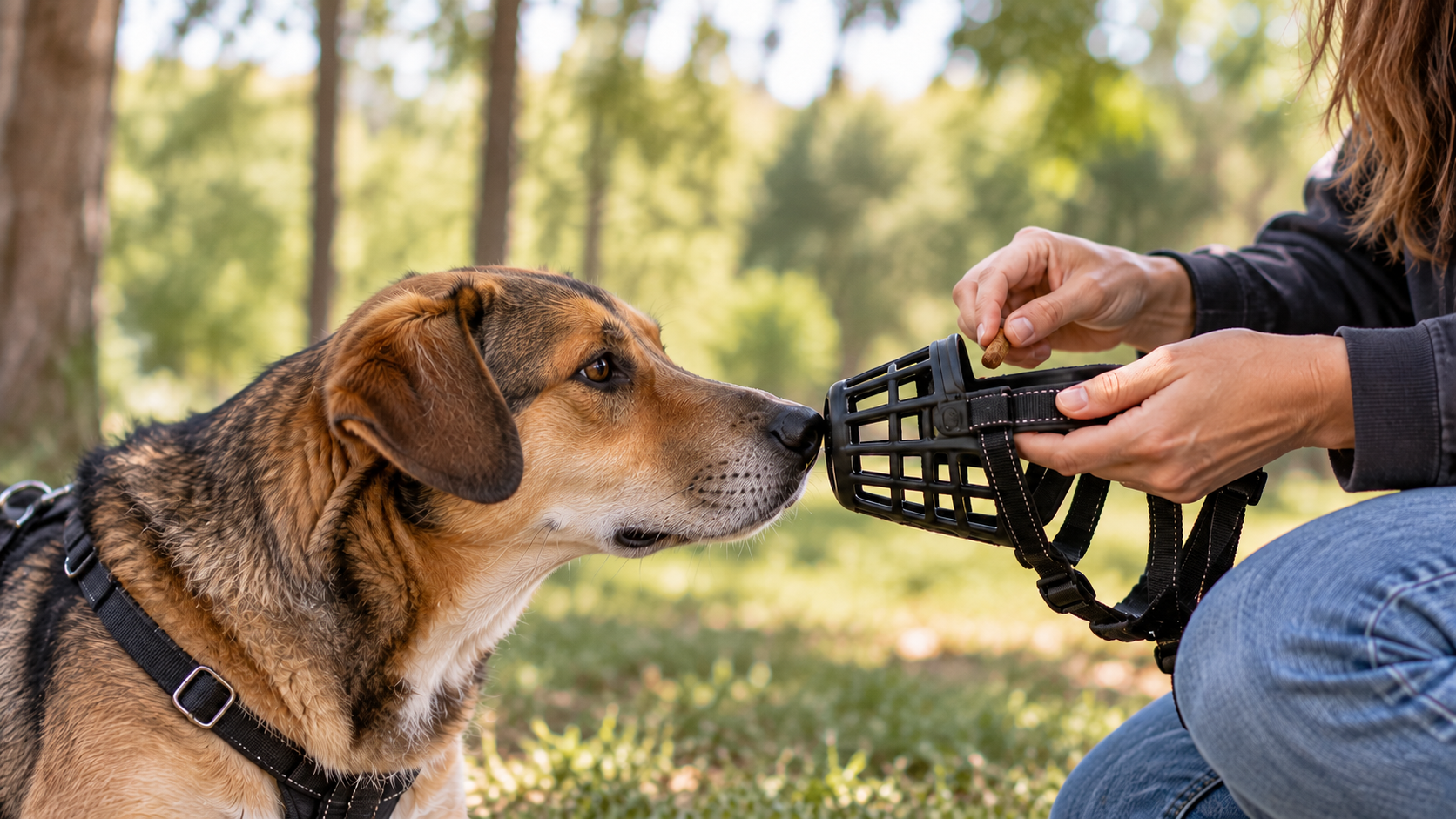 Un perro frente a un bozal de canasta que una persona sostiene junto a un premio.