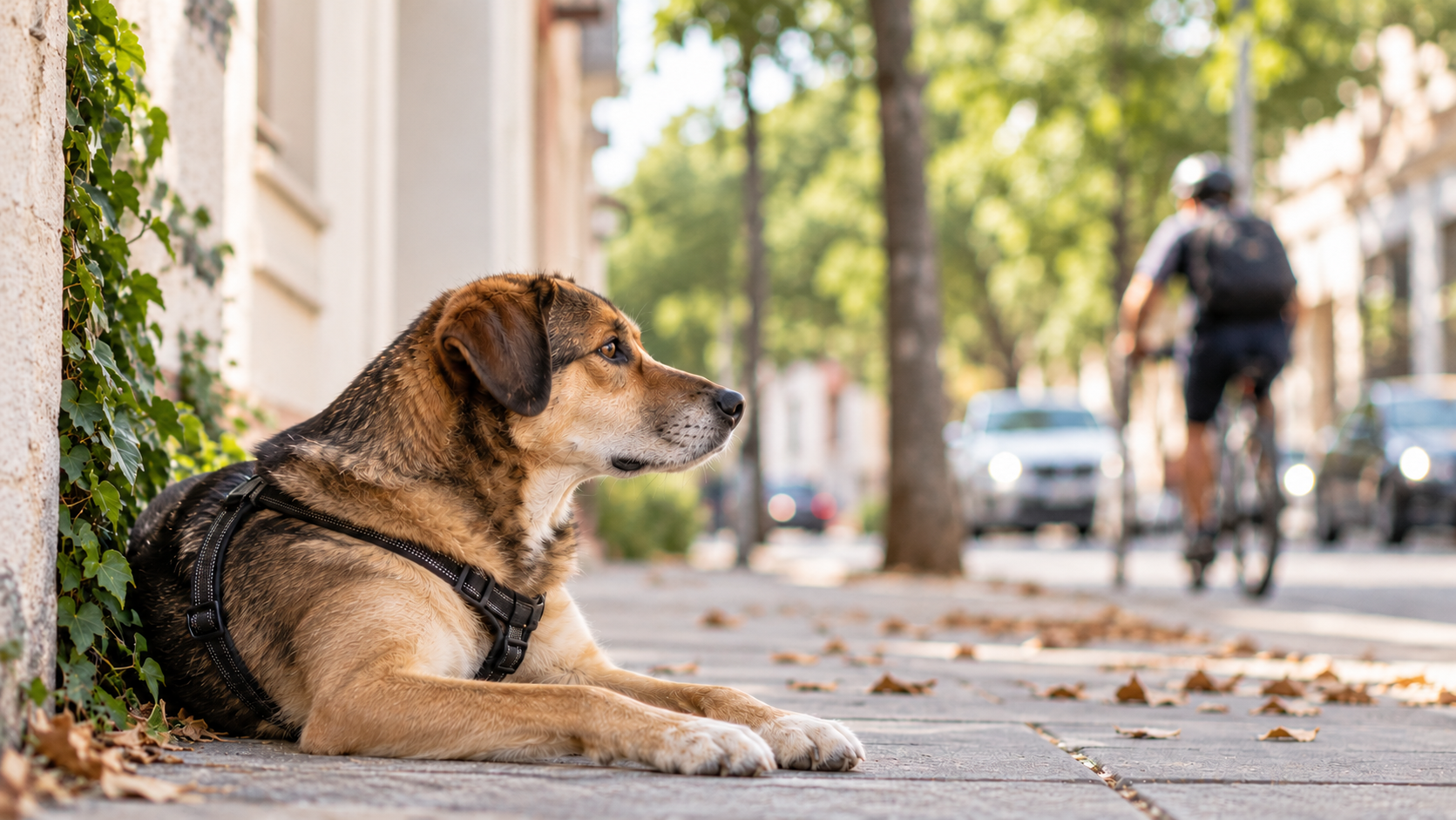 Un perro con arnés recostado junto a una pared, con un ciclista y autos al fondo.