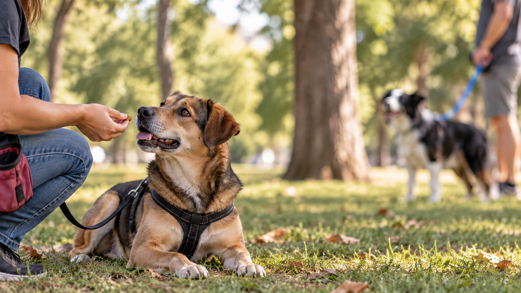 Un perro con arnés observa el premio que sostiene una persona, con otro perro y su acompañante al fondo.