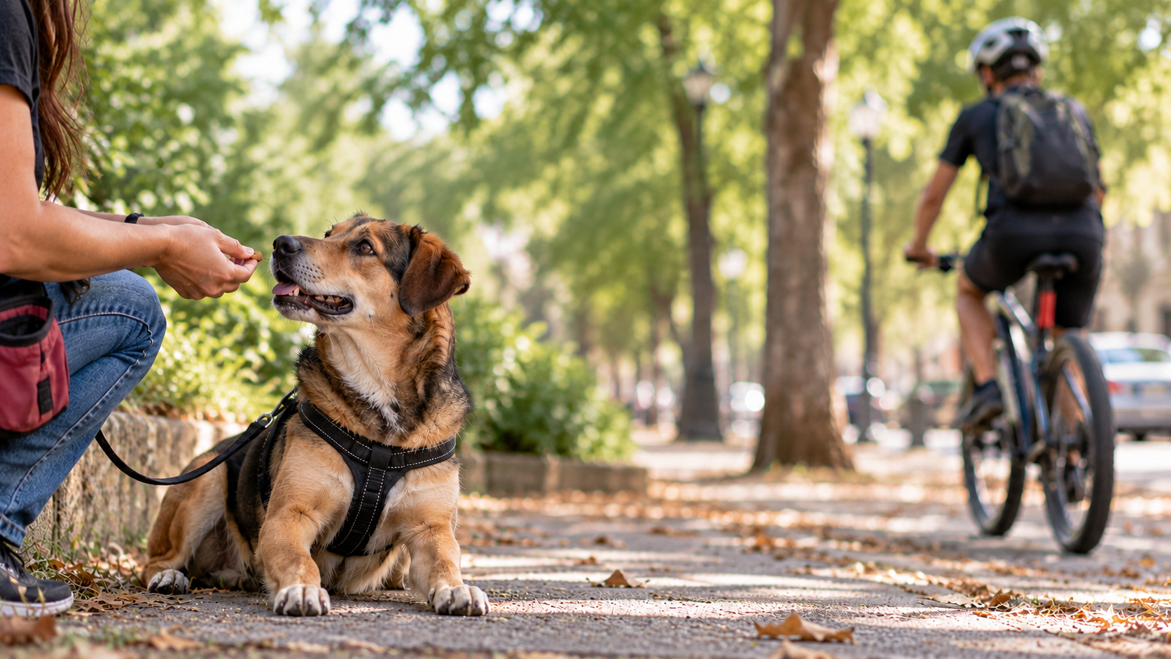 Un perro con arnés sentado junto a una persona que sostiene un premio, con un ciclista alejándose al fondo.